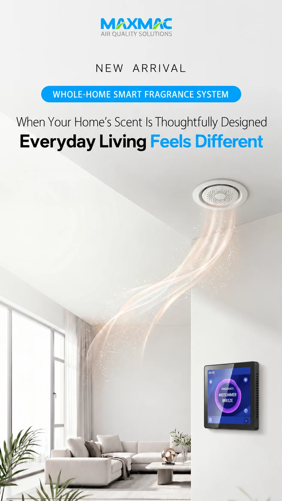 MAXMAC whole-home smart fragrance system integrated into a modern living room