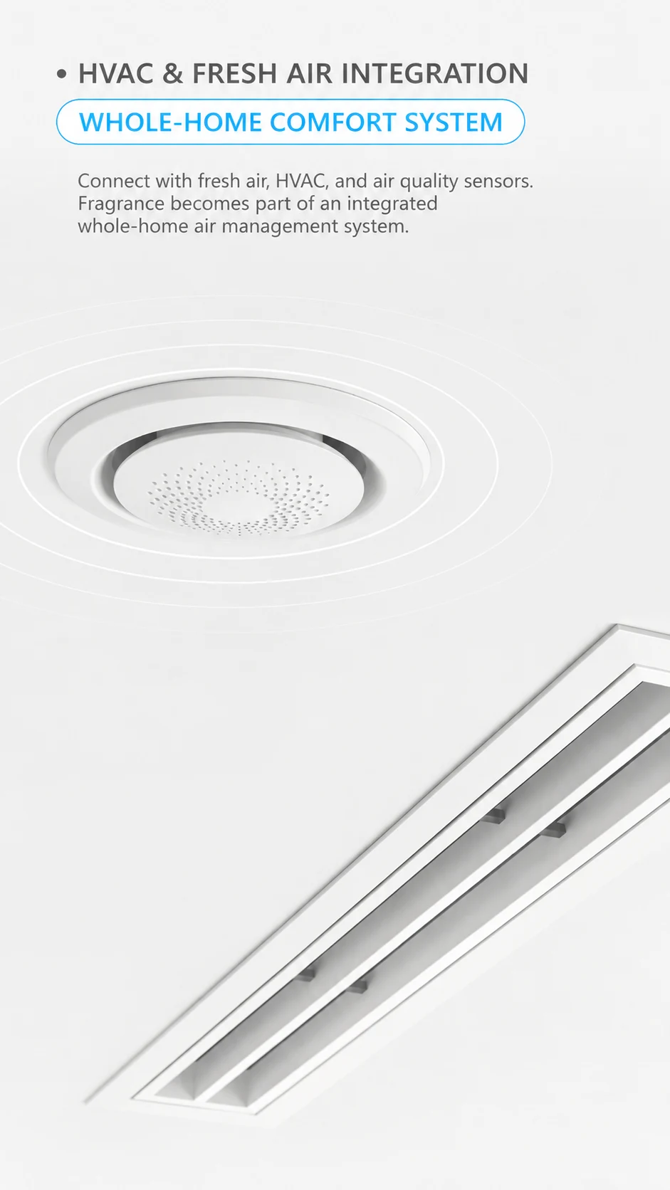 Home fragrance diffuser integrated with HVAC and fresh-air systems