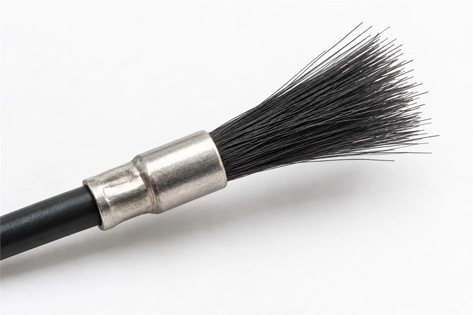 Macro product photo of a carbon-fiber brush emitter with many fine black fiber tips