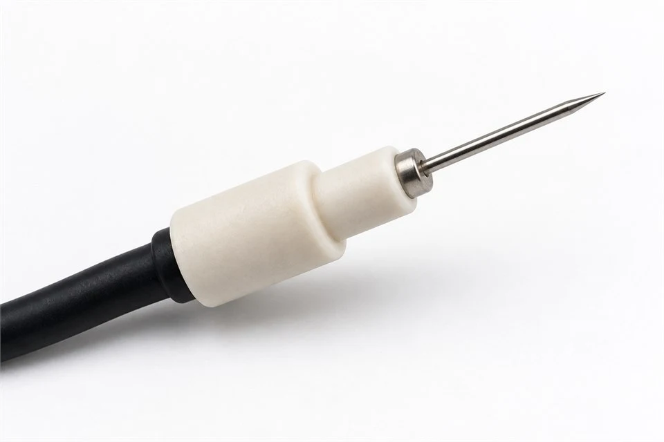 Macro product photo of a fine metal needle emitter with one defined sharp tip
