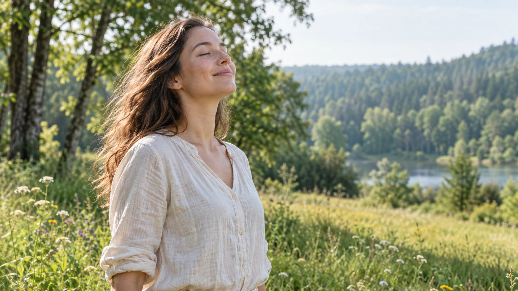 A woman with her eyes closed enjoying a peaceful breath in a sunlit natural landscape