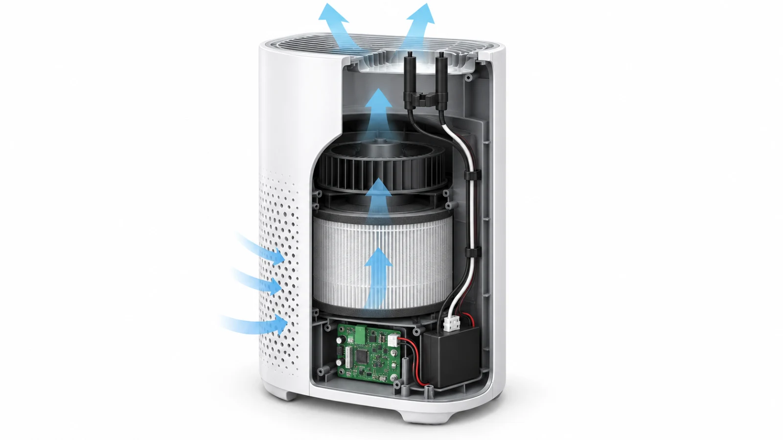 Conceptual cutaway of an air purifier showing an OEM control board, compact negative-ion high-voltage pack, two remote emitters and outlet airflow