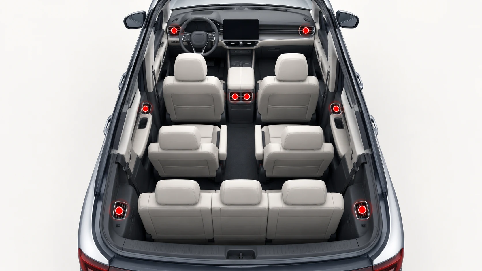 Generic three-row passenger cabin showing representative front, middle and rear negative ion module placement points
