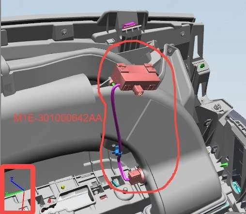 Original engineering view of a single extended negative ion emitter routed into an irregular automotive HVAC duct