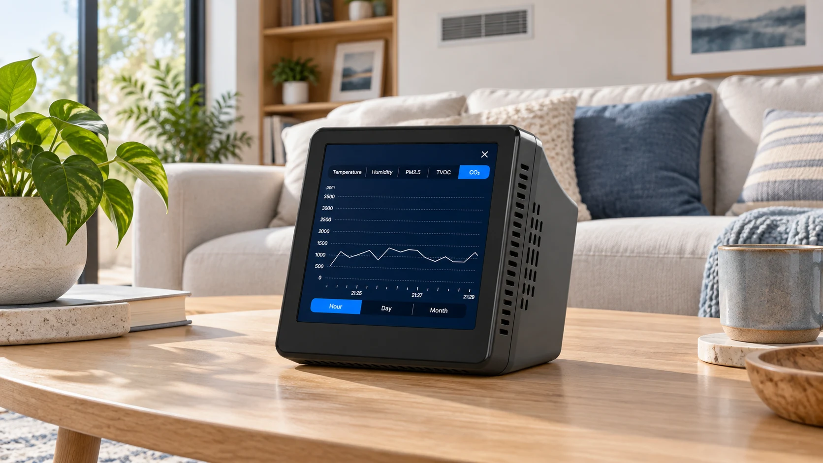 MAXMAC A56 desktop air quality monitor centered on a living-room coffee table