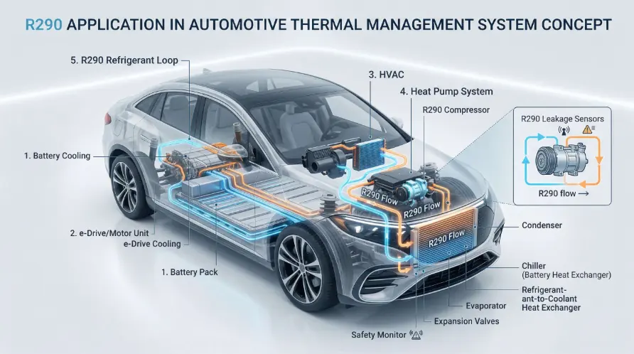 Concept illustration of R290 in automotive thermal management systems