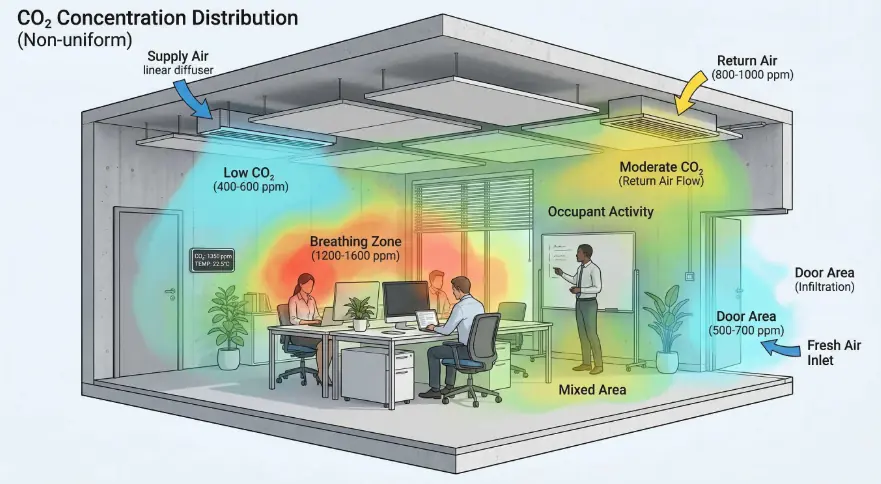 Illustration of uneven CO₂ distribution in a room under different ventilation modes