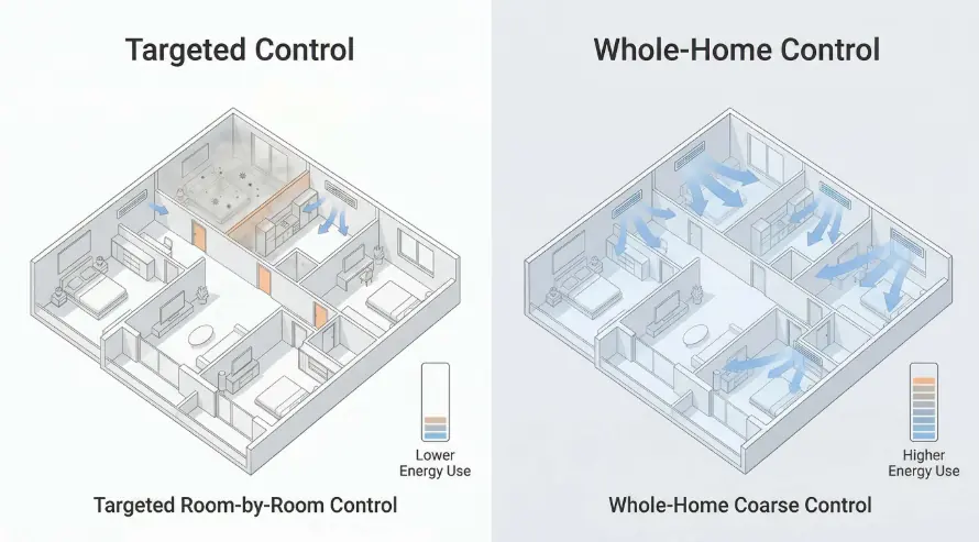 Comparison of energy use between localized precise control and whole-house coarse regulation