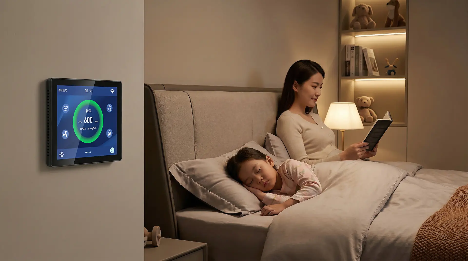 Illustration combining local control, room sensing, display, and communication in one interface