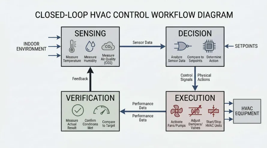 Four-step closed-loop control flow chart: sensing, judgment, execution, verification