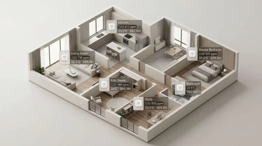 Visualization of multiple rooms displaying different air quality values