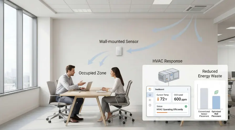 Illustration showing how proper wall-mounted sensor placement improves accuracy and reduces energy use