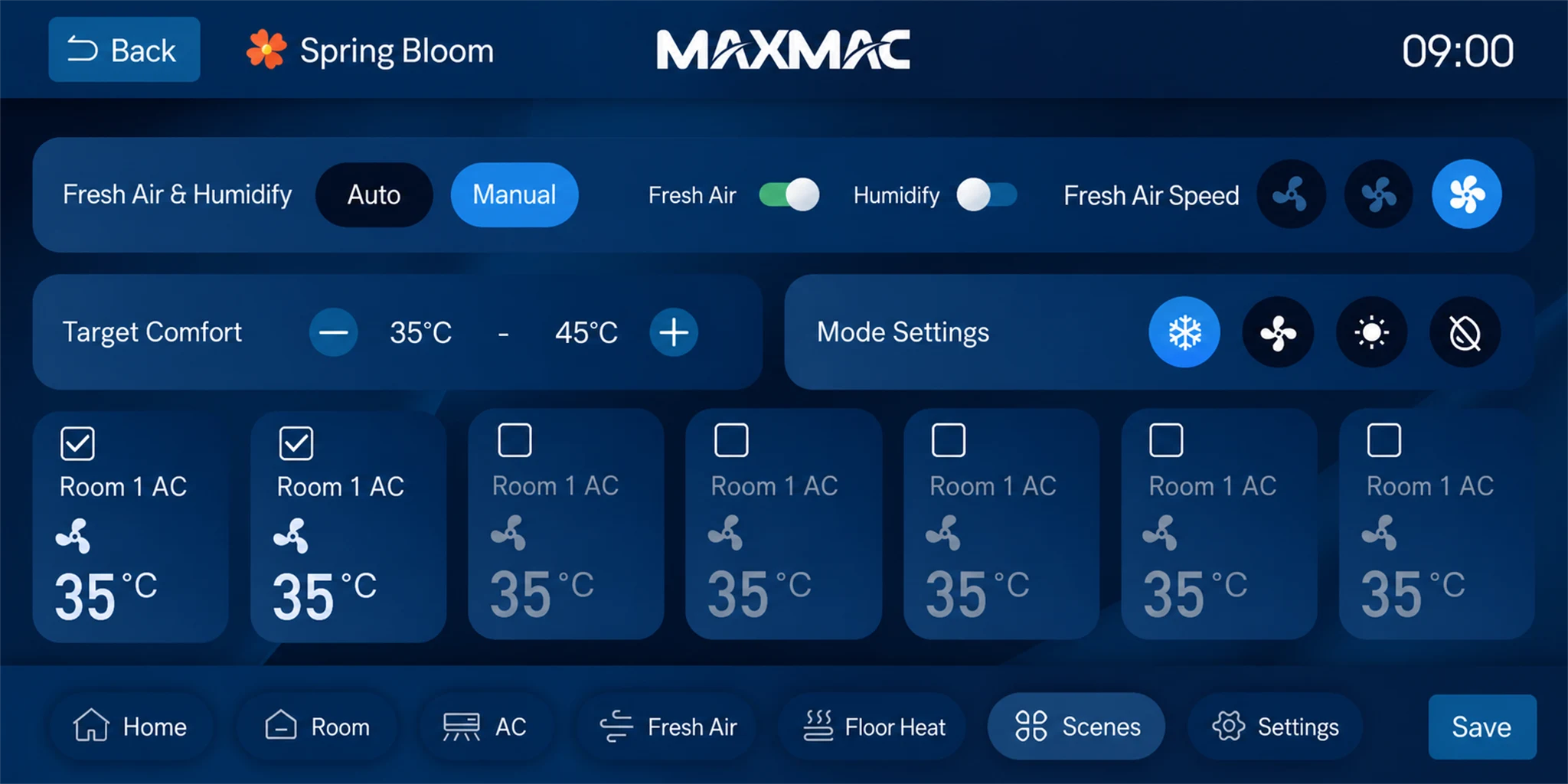 MAXMAC A23 scene configuration interface