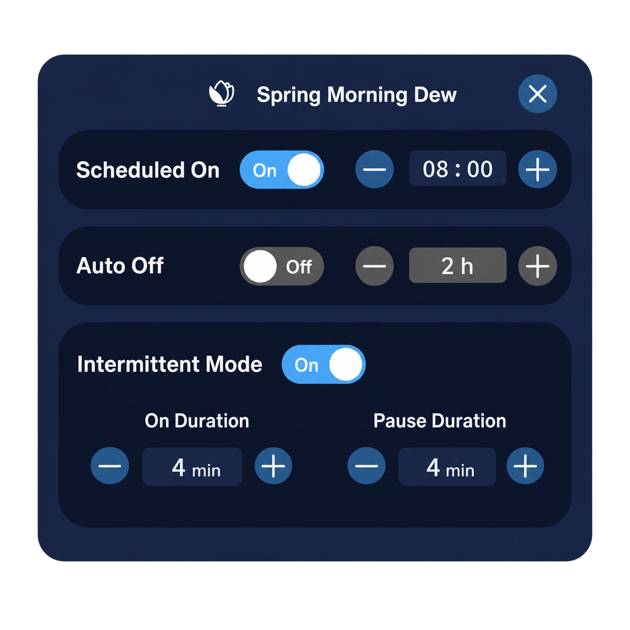 Fragrance schedule and intermittent mode settings